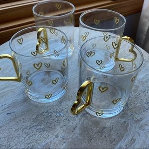 Clear glass cups with gold accent hearts 4 piece